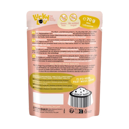 Lucky Lou Extra Food Tuńczyk i filet z kurczaka w galaretce, saszetka 70g dla wybrednego kota