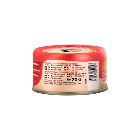 Lucky Lou Extra Food Tuńczyk z jabłkiem w sosiku, puszka 70g dla wybrednego kotka