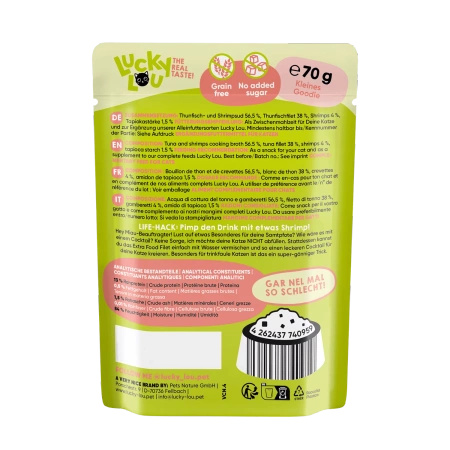 Lucky Lou Extra Food Tuńczyk i krewetki w galaretce, saszetka 70g Pyszna kocia karma