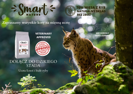 Smart Nature Cat Skin Coat 70% Fish 1,5kg  Bez zbóż 70% łososia i białych ryb, piękna sierść i skóra, koty sterylizowane