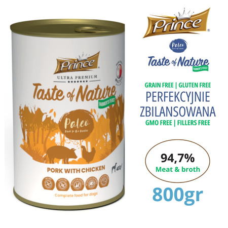 Prince Farmer's Feast mokra karma dla psa z 97% mięsa z rosołem. Wieprzowina & kurczak 800 gr karma bez zbóż i GMO