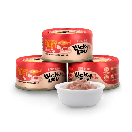 Lucky Lou Extra Food Tuńczyk z jabłkiem w sosiku, puszka 70g dla wybrednego kotka