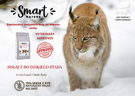 Smart Nature Cat Skin Coat 70% Fish 1,5kg  Bez zbóż 70% łososia i białych ryb, piękna sierść i skóra, koty sterylizowane