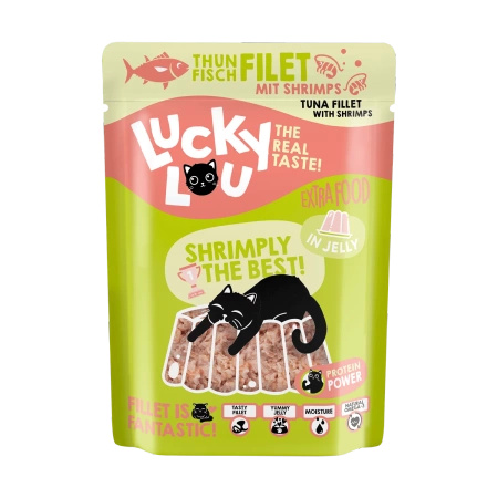 Lucky Lou Extra Food Tuńczyk i krewetki w galaretce, saszetka 70g Pyszna kocia karma