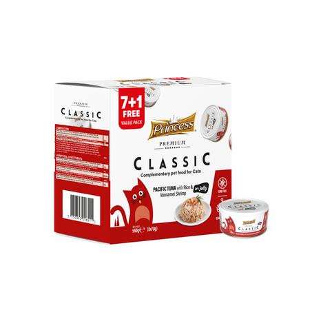 Princess Classic 70g Tuńczyk Pacyficzny z Ryżem i Krewetkami Vannamei 7+1 mokra karma dla kota w galaretce