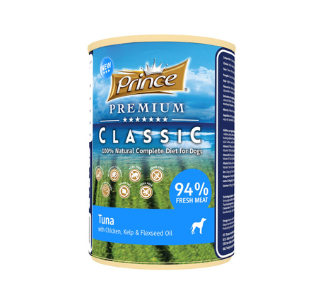 Prince Premium Classic Tuna 94% mięsa mokra karma dla psa z tuńczyka z kurczakiem, wodorostami i olejem z siemienia lnianego