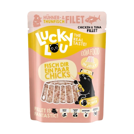 Lucky Lou Extra Food Tuńczyk i filet z kurczaka w galaretce, saszetka 70g dla wybrednego kota