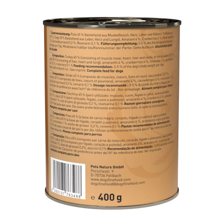 Dogz finefood No.8 indyk & koza 400g Eliminacyjna hipoalergiczna karma dla psa 100% mięsa