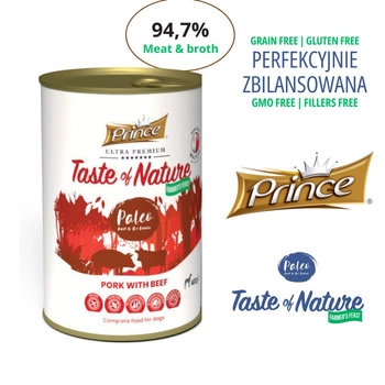 Prince Farmer's Feast mokra karma dla psa z 97% mięsa z rosołem. Wieprzowina & wołowina 400gr karma bez kurczaka, bez zbóż