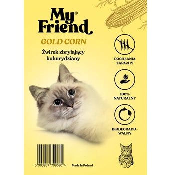 My Friend Gold Corn 15l /10kg zbrylający żwirek kukurydziany dla kota i małych zwierząt domowych.